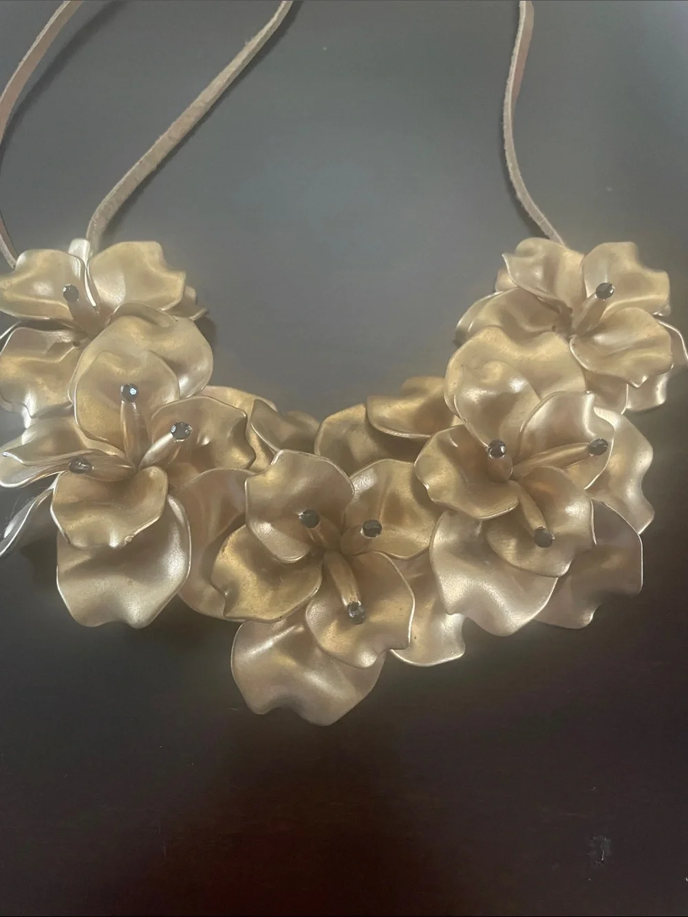 Gold Floral Bib Necklace with Tie Cord